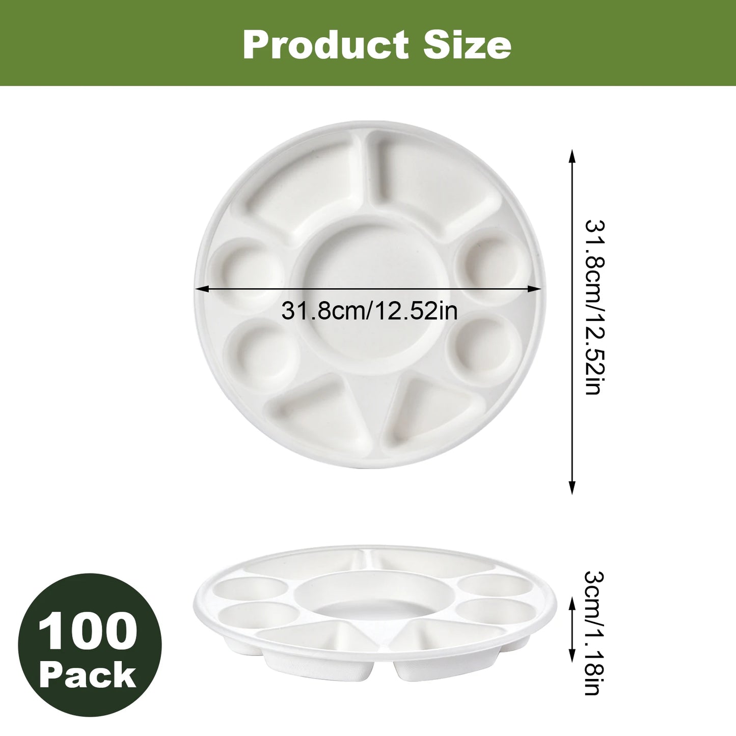 9 Compartment Divided Plate, Round Heavy Duty Serving Tray Made of Sugarcane for Wedding, Events,Parties,Holidays,Catering & BBQ