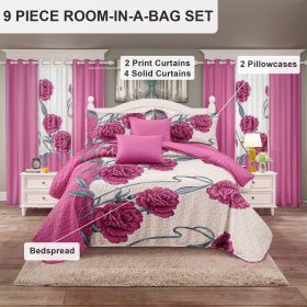 9 Piece Soft All-Season Washed Microfiber Cover Set , Twin/Queen/King/Calking Bedding Set With Pillowcases,Bedspread Print Curtains & Solid Curta