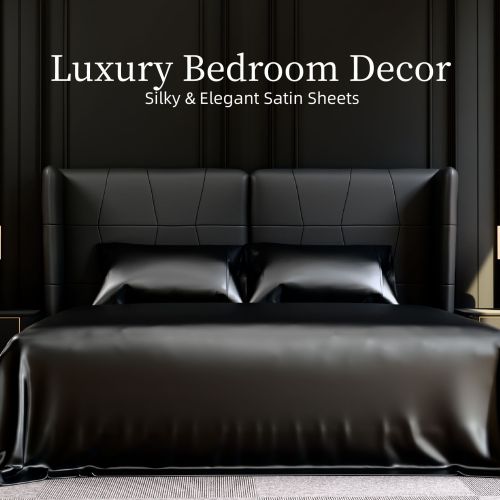 Satin Bed Sheets, King Size Sheets Set, 4 Pcs Silky Bedding Set with 15 Inches Deep Pocket for Mattress (King, Black)