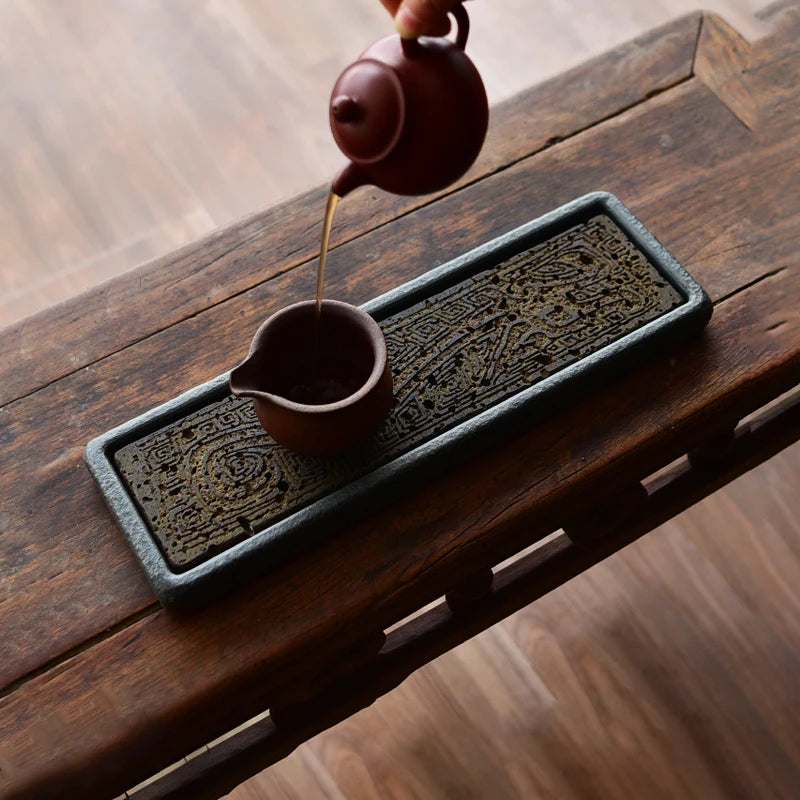 Tea Tray Natural Volcanic Basalt Handcarved Dragon Totem Dry Pour Kung Fu Tea Ceremony Home Office Decor Tea Lover Gift 38x12cm