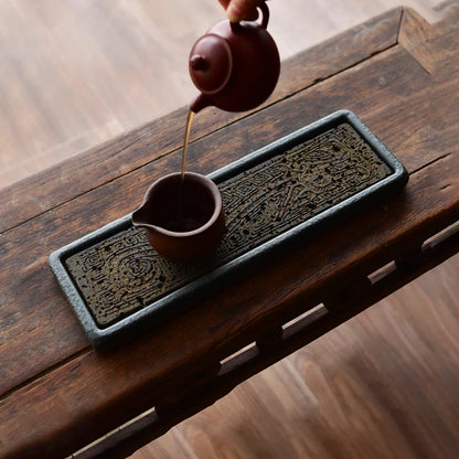 Tea Tray Natural Volcanic Basalt Handcarved Dragon Totem Dry Pour Kung Fu Tea Ceremony Home Office Decor Tea Lover Gift 38x12cm