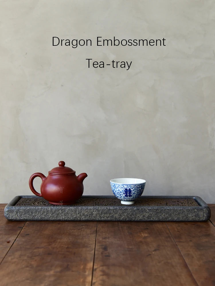 Tea Tray Natural Volcanic Basalt Handcarved Dragon Totem Dry Pour Kung Fu Tea Ceremony Home Office Decor Tea Lover Gift 38x12cm