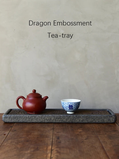 Tea Tray Natural Volcanic Basalt Handcarved Dragon Totem Dry Pour Kung Fu Tea Ceremony Home Office Decor Tea Lover Gift 38x12cm