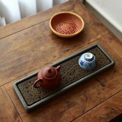Tea Tray Natural Volcanic Basalt Handcarved Dragon Totem Dry Pour Kung Fu Tea Ceremony Home Office Decor Tea Lover Gift 38x12cm