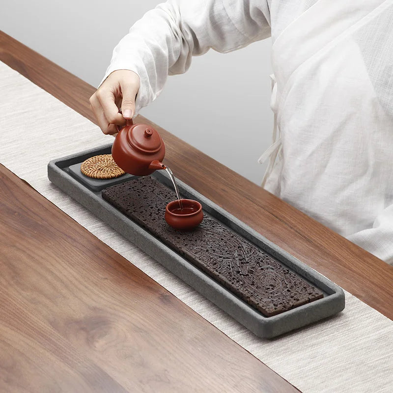 Tea Tray Natural Volcanic Basalt Handcarved Dragon Totem Dry Pour Kung Fu Tea Ceremony Home Office Decor Tea Lover Gift 38x12cm