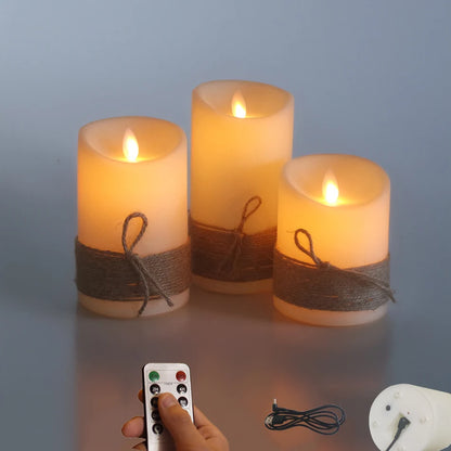 LED Candles with Dancing Flame,Vintage Rope String Wrapping,Battery Operated or USB Rechargeable Option,Ambiance Lamp, 3 PCs/Set