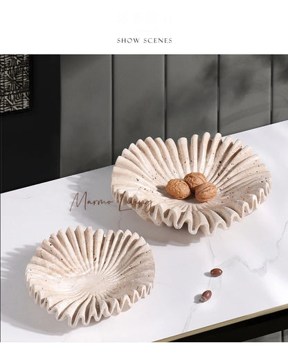 Marble Ruffle Bowl for Kitchen Counter and Living Room Travertine Scallop Bowl for Fruit Jewelry Decorative Tray for Home Decor