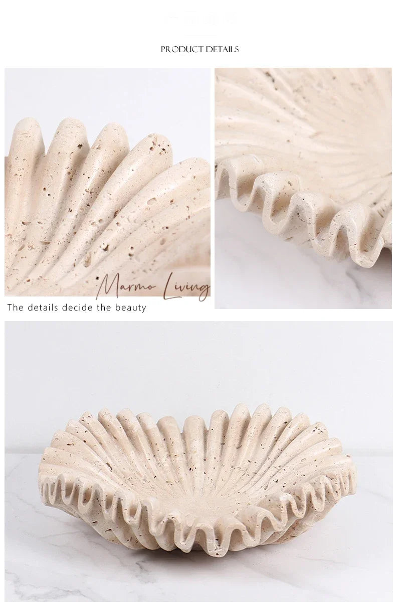 Marble Ruffle Bowl for Kitchen Counter and Living Room Travertine Scallop Bowl for Fruit Jewelry Decorative Tray for Home Decor