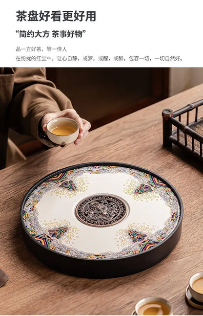 Ceramic round tea tray, dual-purpose for household water storage and drainage, tea sea, and outdoor tea tray