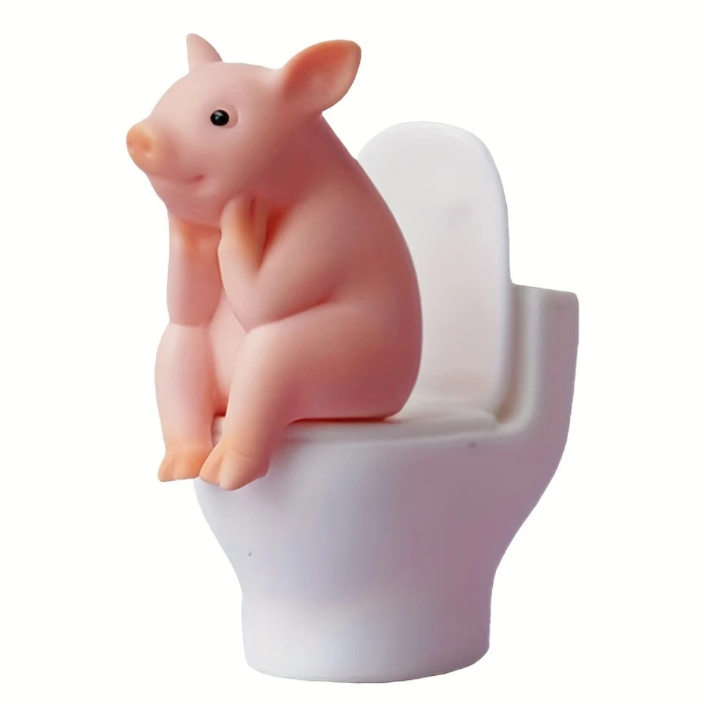 Cute Pig Sitting on Toilet — Pvc Bathroom Statue, Tabletop or Wall-Mount Decor — Father's Day Gift for Home & Office