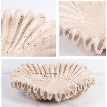 Marble Ruffle Bowl for Kitchen Counter and Living Room Travertine Scallop Bowl for Fruit Jewelry Decorative Tray for Home Decor