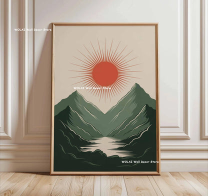 Retro Japanese Forest & Koi Fish Zen Water Painting Canvas Poster Abstract Sun Waves Wall Art Printing for Peaceful Home Decor