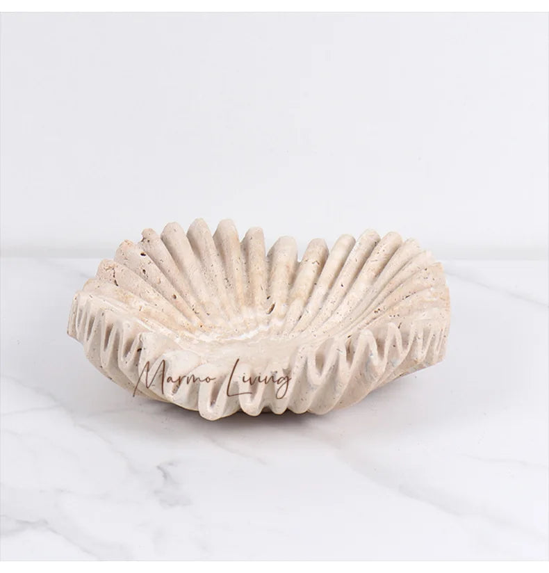Marble Ruffle Bowl for Kitchen Counter and Living Room Travertine Scallop Bowl for Fruit Jewelry Decorative Tray for Home Decor
