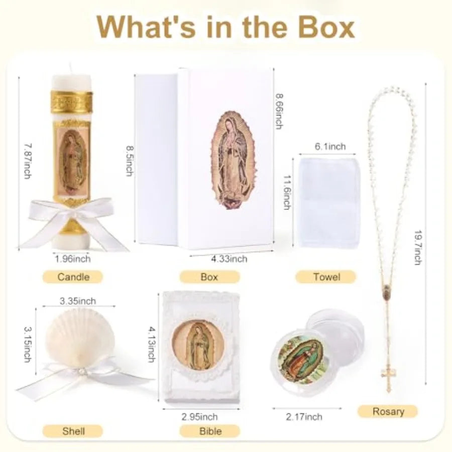 Baptism Candle Set for Boys and Girls, 5 PCS Baptism Kit Virgen De Guadalupe Catholic Candle, Towel, Shell, Rosary, Bible for B