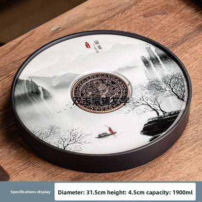 Ceramic round tea tray, dual-purpose for household water storage and drainage, tea sea, and outdoor tea tray