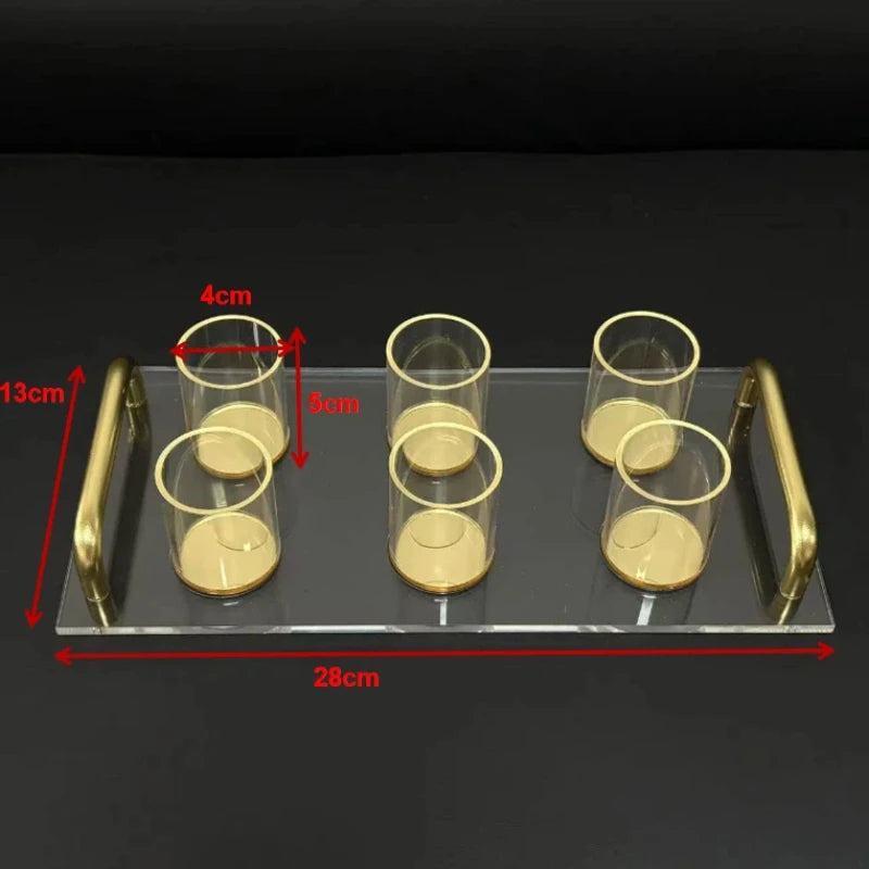 Judaica Clear Acrylic Tray and Six Cups with Gold Handles For L'chaim Shabbat Kiddush Jewish Family Table Decoration