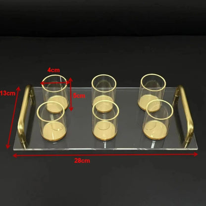Judaica Clear Acrylic Tray and Six Cups with Gold Handles For L'chaim Shabbat Kiddush Jewish Family Table Decoration
