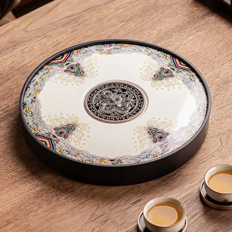 Ceramic round tea tray, dual-purpose for household water storage and drainage, tea sea, and outdoor tea tray
