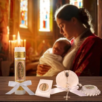 Baptism Candle Set for Boys and Girls, 5 PCS Baptism Kit Virgen De Guadalupe Catholic Candle, Towel, Shell, Rosary, Bible for B