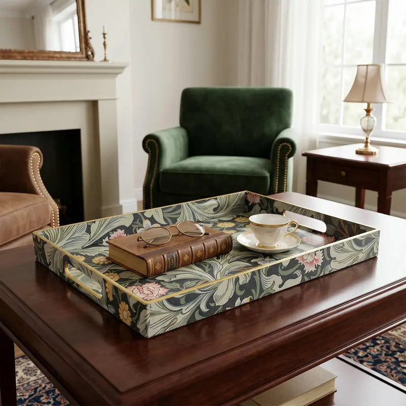 Decorative Rectangular Plastic Tray with Handles,Decal Paper Coffee Table Storage Organizer,Vintage Serving Tray for Home Decor