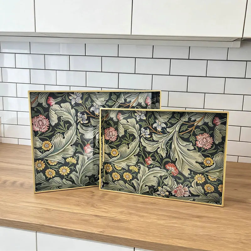Decorative Rectangular Plastic Tray with Handles,Decal Paper Coffee Table Storage Organizer,Vintage Serving Tray for Home Decor