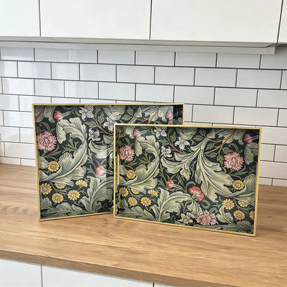 Decorative Rectangular Plastic Tray with Handles,Decal Paper Coffee Table Storage Organizer,Vintage Serving Tray for Home Decor