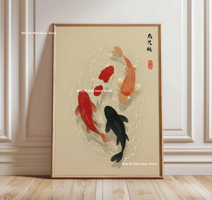 Retro Japanese Forest & Koi Fish Zen Water Painting Canvas Poster Abstract Sun Waves Wall Art Printing for Peaceful Home Decor