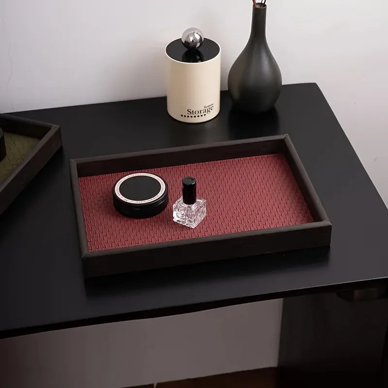 1pc Woven Texture Faux Leather Storage Tray,Watch Jewelry Organizer, Decorative Home Display Tray, Cosmetic Holder, Storage Tray
