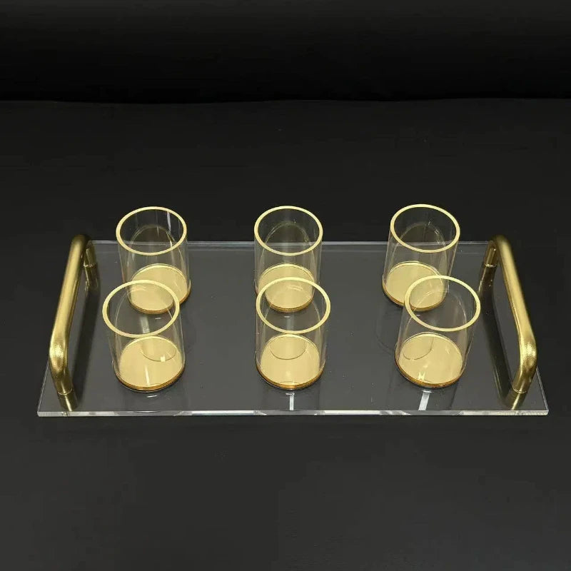 Judaica Clear Acrylic Tray and Six Cups with Gold Handles For L'chaim Shabbat Kiddush Jewish Family Table Decoration