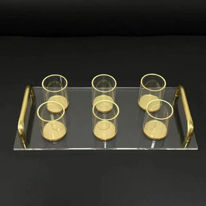 Judaica Clear Acrylic Tray and Six Cups with Gold Handles For L'chaim Shabbat Kiddush Jewish Family Table Decoration