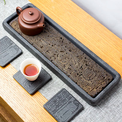 Tea Tray Natural Volcanic Basalt Handcarved Dragon Totem Dry Pour Kung Fu Tea Ceremony Home Office Decor Tea Lover Gift 38x12cm