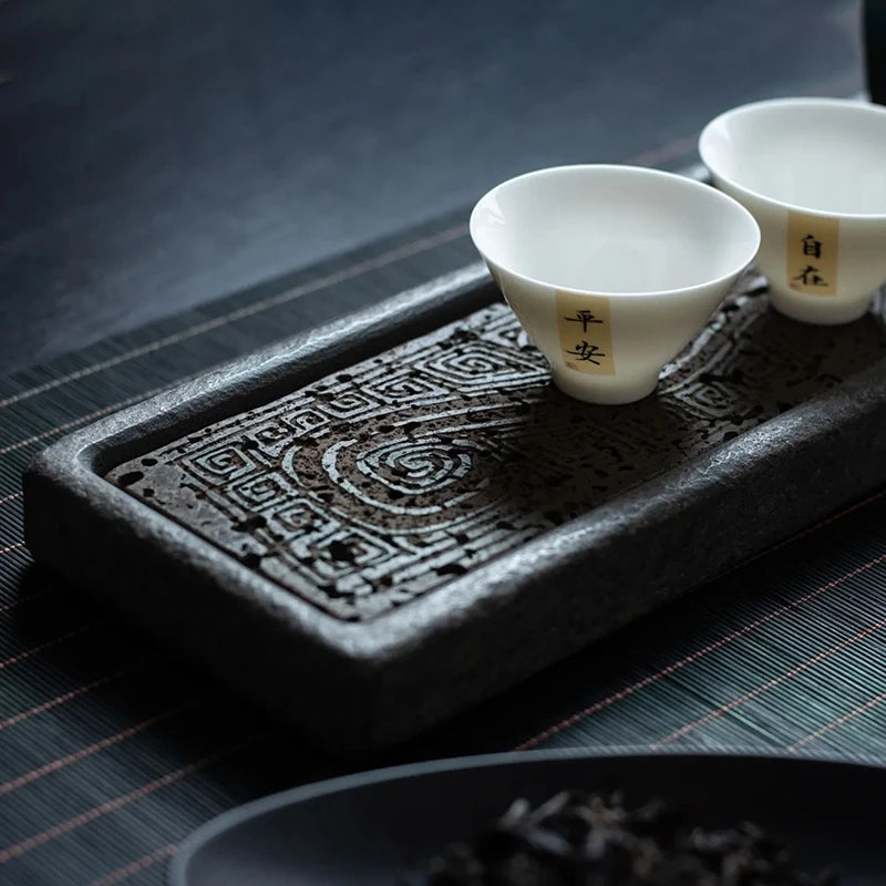 Tea Tray Natural Volcanic Basalt Handcarved Dragon Totem Dry Pour Kung Fu Tea Ceremony Home Office Decor Tea Lover Gift 38x12cm