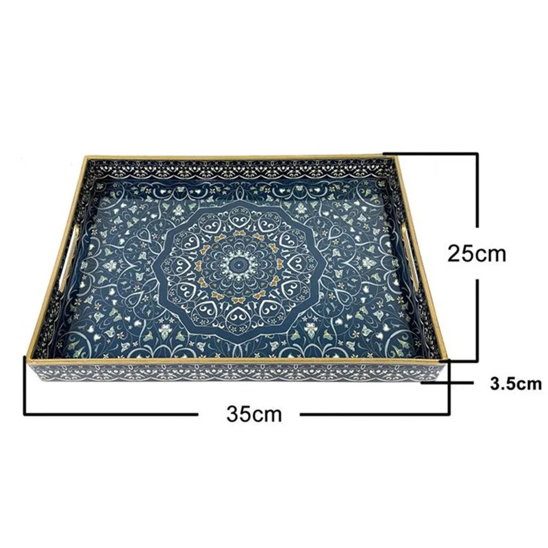 Decorative Rectangular Plastic Tray with Handles,Decal Paper Coffee Table Storage Organizer,Vintage Serving Tray for Home Decor