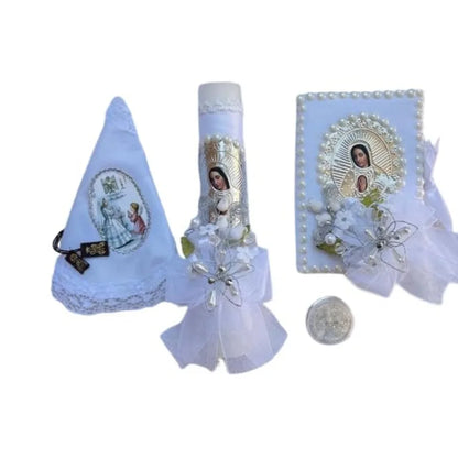 First Communion Candle Set for Girl with Lady of Guadalupe Image Silver/Regalo sorpresa de Bolos Tiempo limitado