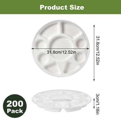 9 Compartment Divided Plate, Round Heavy Duty Serving Tray Made of Sugarcane for Wedding, Events,Parties,Holidays,Catering & BBQ