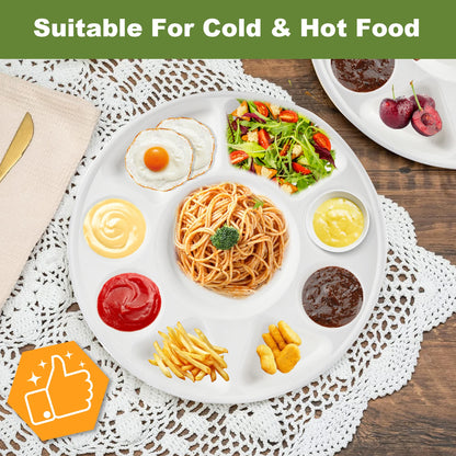 9 Compartment Divided Plate, Round Heavy Duty Serving Tray Made of Sugarcane for Wedding, Events,Parties,Holidays,Catering & BBQ