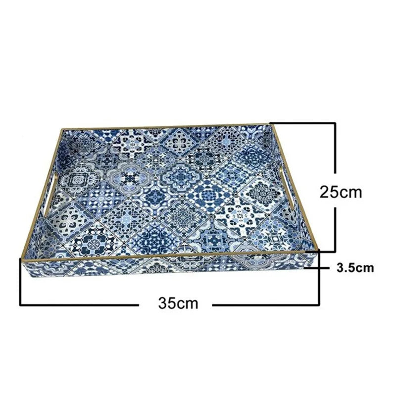 Decorative Rectangular Plastic Tray with Handles,Decal Paper Coffee Table Storage Organizer,Vintage Serving Tray for Home Decor
