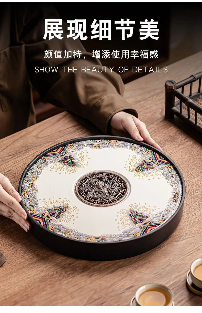 Ceramic round tea tray, dual-purpose for household water storage and drainage, tea sea, and outdoor tea tray
