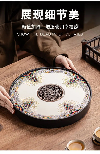 Ceramic round tea tray, dual-purpose for household water storage and drainage, tea sea, and outdoor tea tray