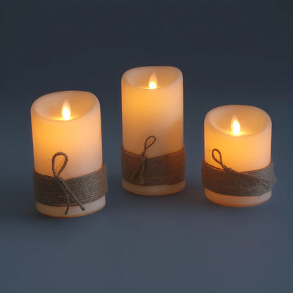 LED Candles with Dancing Flame,Vintage Rope String Wrapping,Battery Operated or USB Rechargeable Option,Ambiance Lamp, 3 PCs/Set