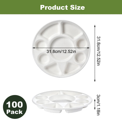 9 Compartment Divided Plate, Round Heavy Duty Serving Tray Made of Sugarcane for Wedding, Events,Parties,Holidays,Catering & BBQ