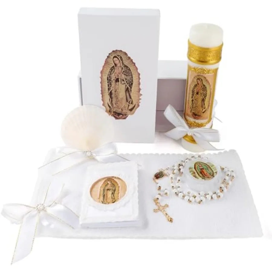 Baptism Candle Set for Boys and Girls, 5 PCS Baptism Kit Virgen De Guadalupe Catholic Candle, Towel, Shell, Rosary, Bible for B