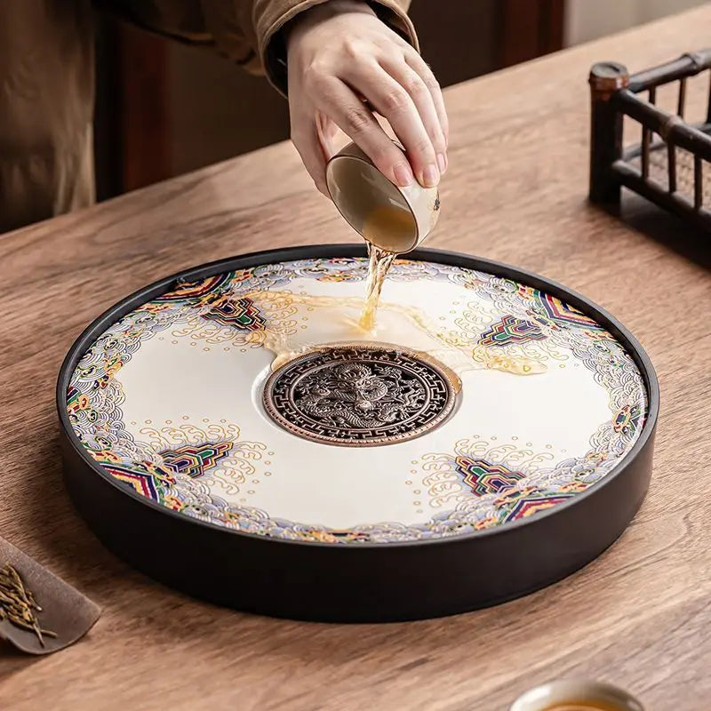 Ceramic round tea tray, dual-purpose for household water storage and drainage, tea sea, and outdoor tea tray