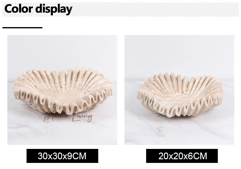 Marble Ruffle Bowl for Kitchen Counter and Living Room Travertine Scallop Bowl for Fruit Jewelry Decorative Tray for Home Decor
