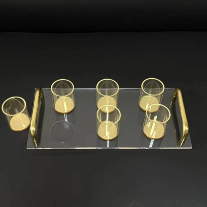 Judaica Clear Acrylic Tray and Six Cups with Gold Handles For L'chaim Shabbat Kiddush Jewish Family Table Decoration