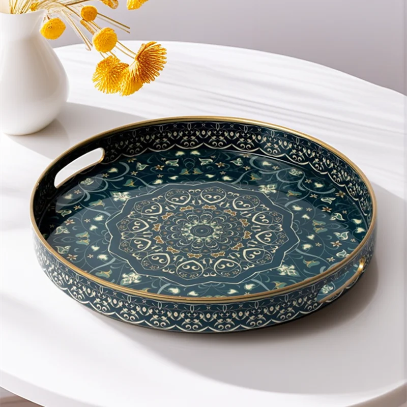 Decorative Rectangular Plastic Tray with Handles,Decal Paper Coffee Table Storage Organizer,Vintage Serving Tray for Home Decor