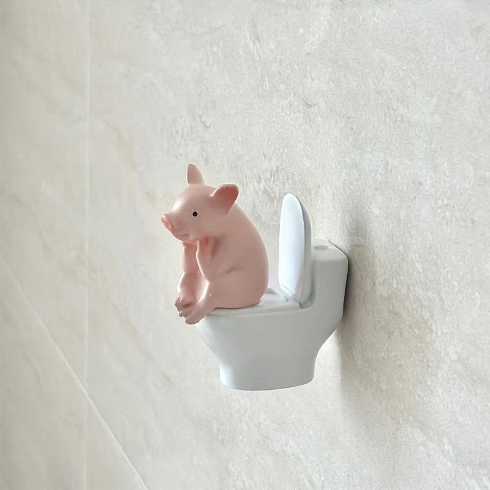 Cute Pig Sitting on Toilet — Pvc Bathroom Statue, Tabletop or Wall-Mount Decor — Father's Day Gift for Home & Office