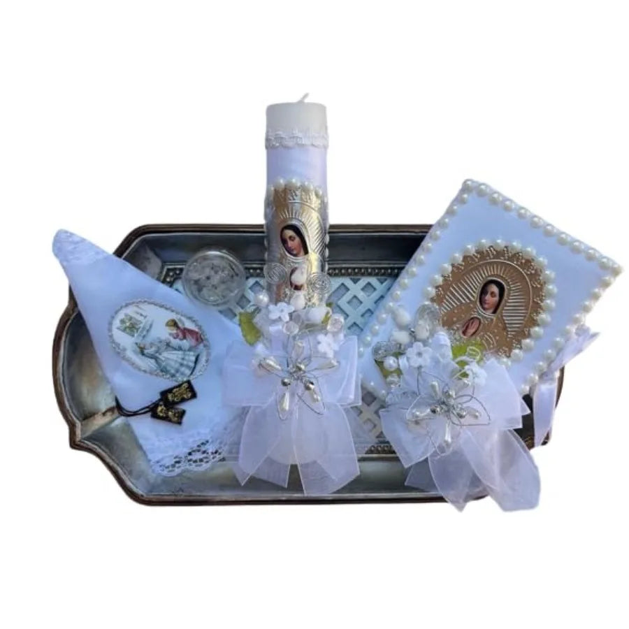 First Communion Candle Set for Girl with Lady of Guadalupe Image Silver/Regalo sorpresa de Bolos Tiempo limitado
