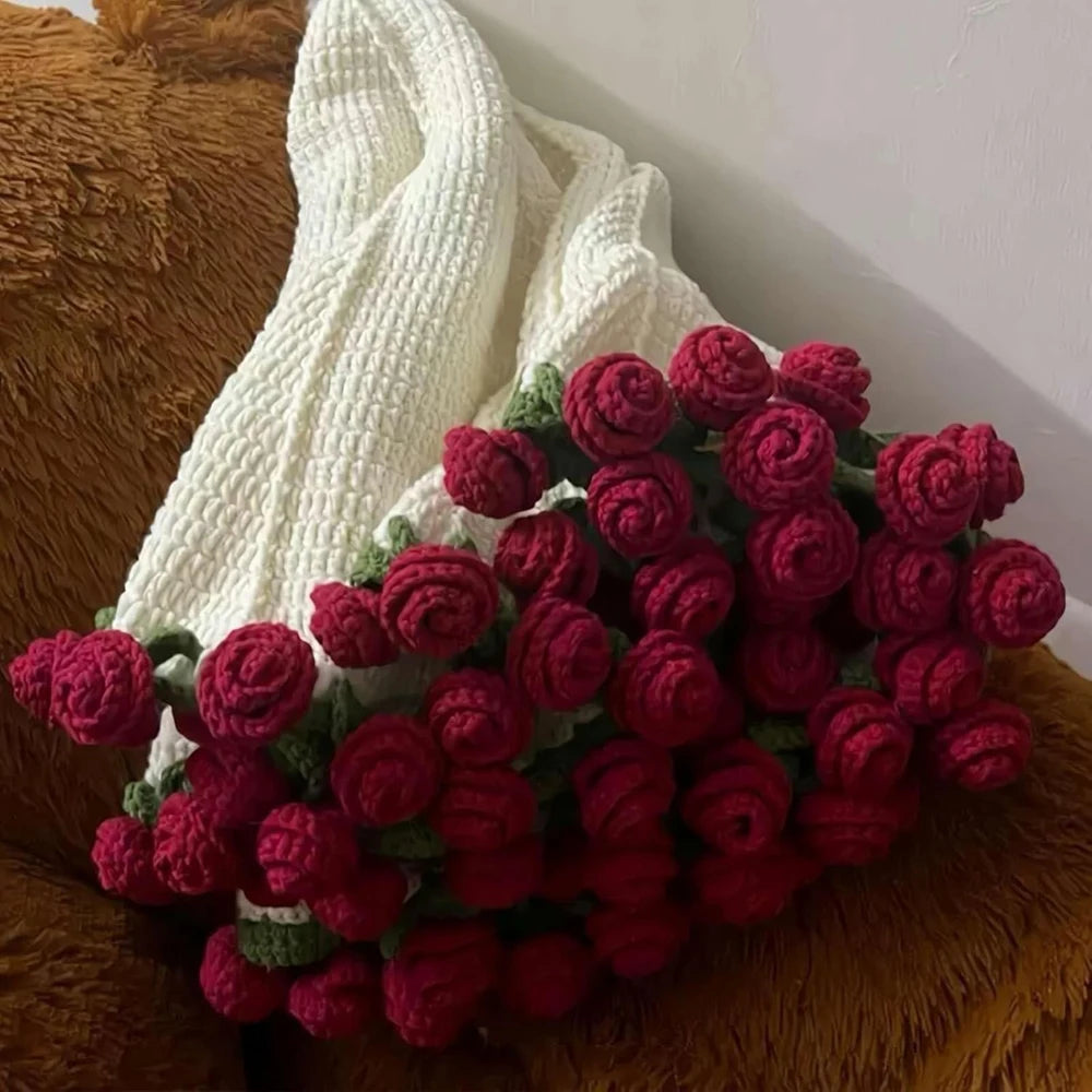 Rose Blanket Bouquet With Gift Bag Crochet Handmade Blanket of Roses Birthday Valentine's Day Gift for Girlfriend