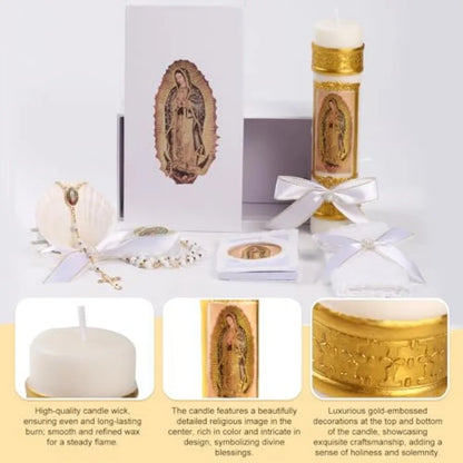 Baptism Candle Set for Boys and Girls, 5 PCS Baptism Kit Virgen De Guadalupe Catholic Candle, Towel, Shell, Rosary, Bible for B